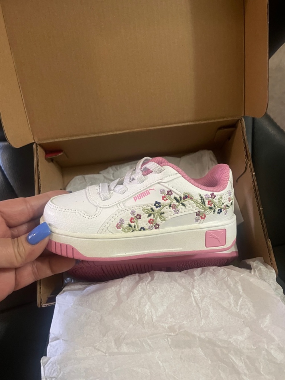 Puma Girls White Sneakers with Pink Trim and Floral Embroidery